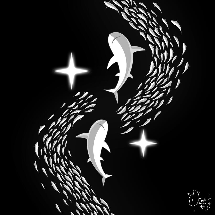 Shining white fish and sharks swim between a pair of stars on a black background.