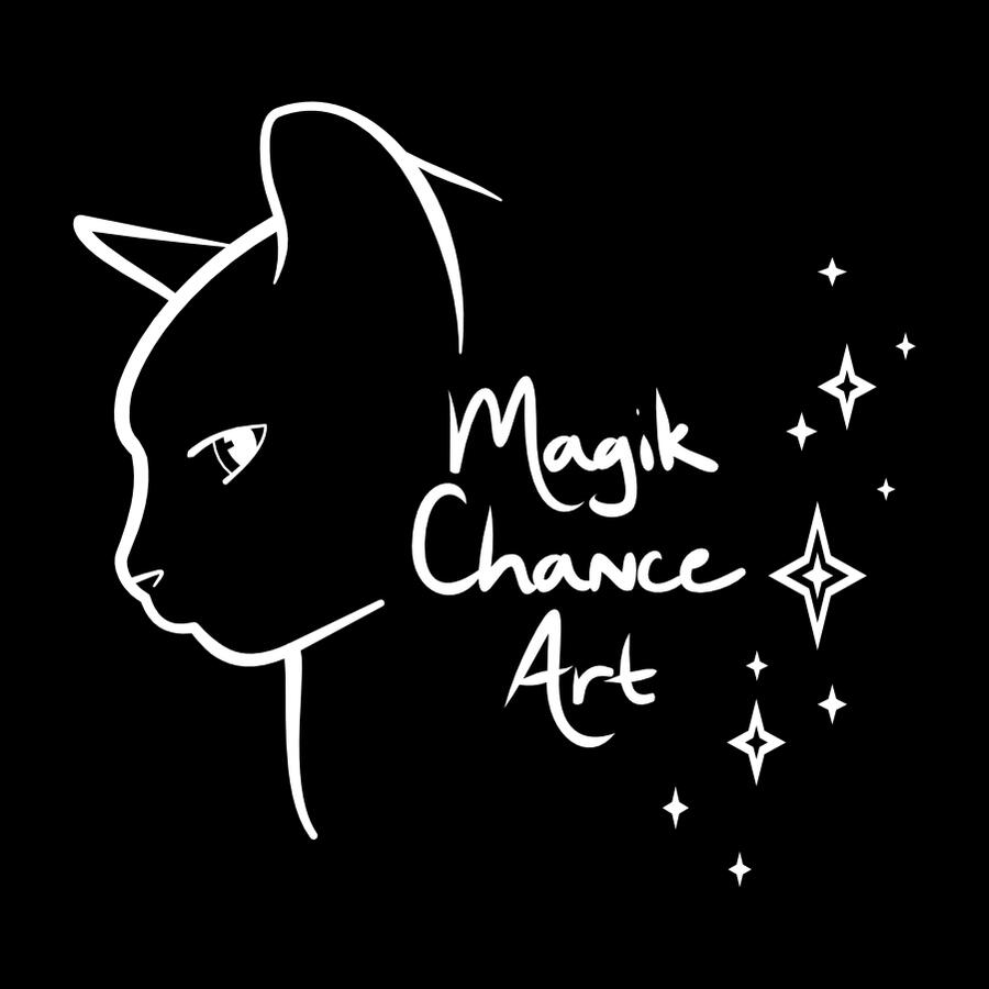 A white outline of a cat along with sparkles and the handwritten words "Magik Chance Art."