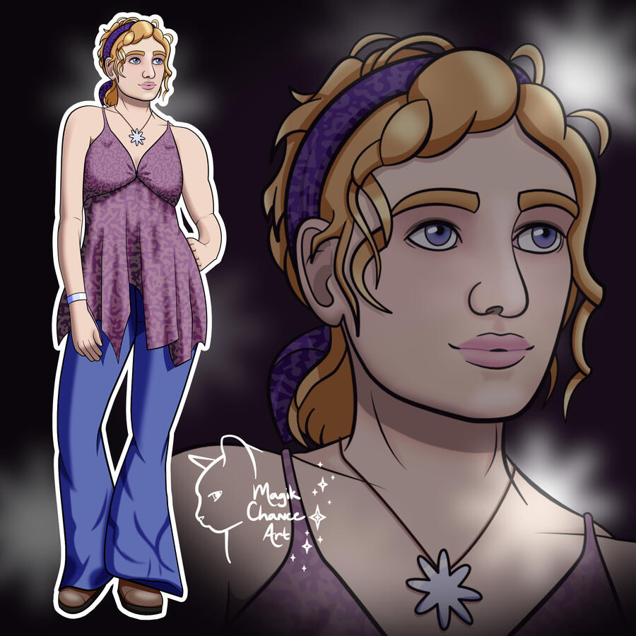 A woman with curly blonde hair tied back with a dark purple bandana. She wears a long, maroon babydoll tanktop and blue bellbottom jeans with brown boots. An eight-point silver star pendant hangs around her neck and a silver bangle sits around her wrist. A