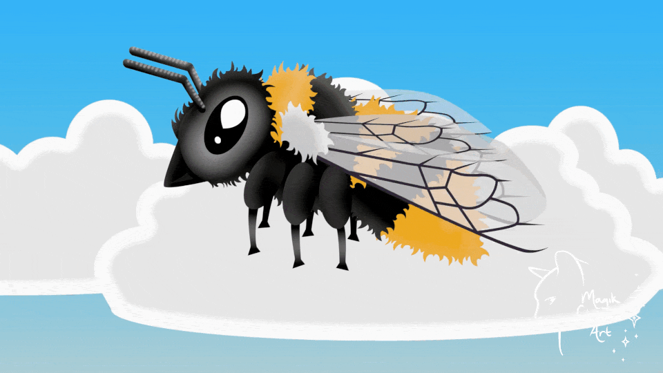 A fluffy bee buzzes forward and back as it moves around flowers.