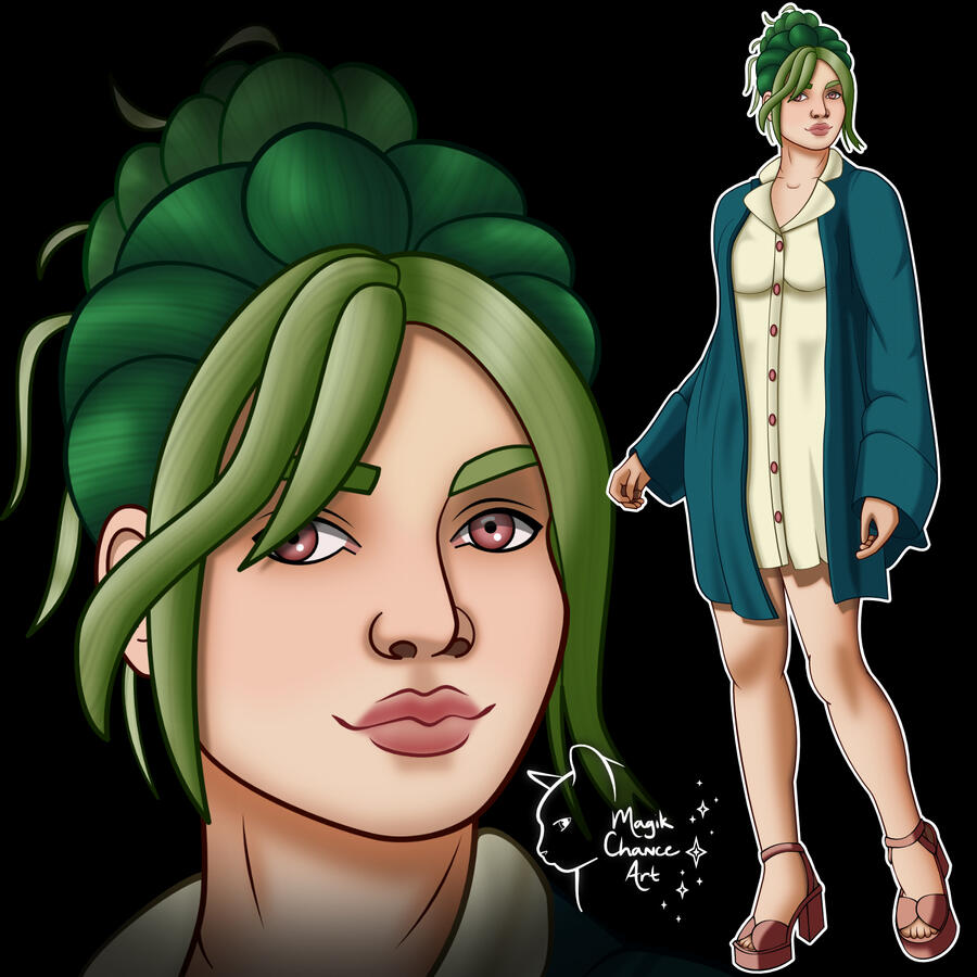 A woman with green hair done up in a bun and lighter green bangs with reddish eyes. She wears a dark teal sweater over a short beige dress and red platform sandals.