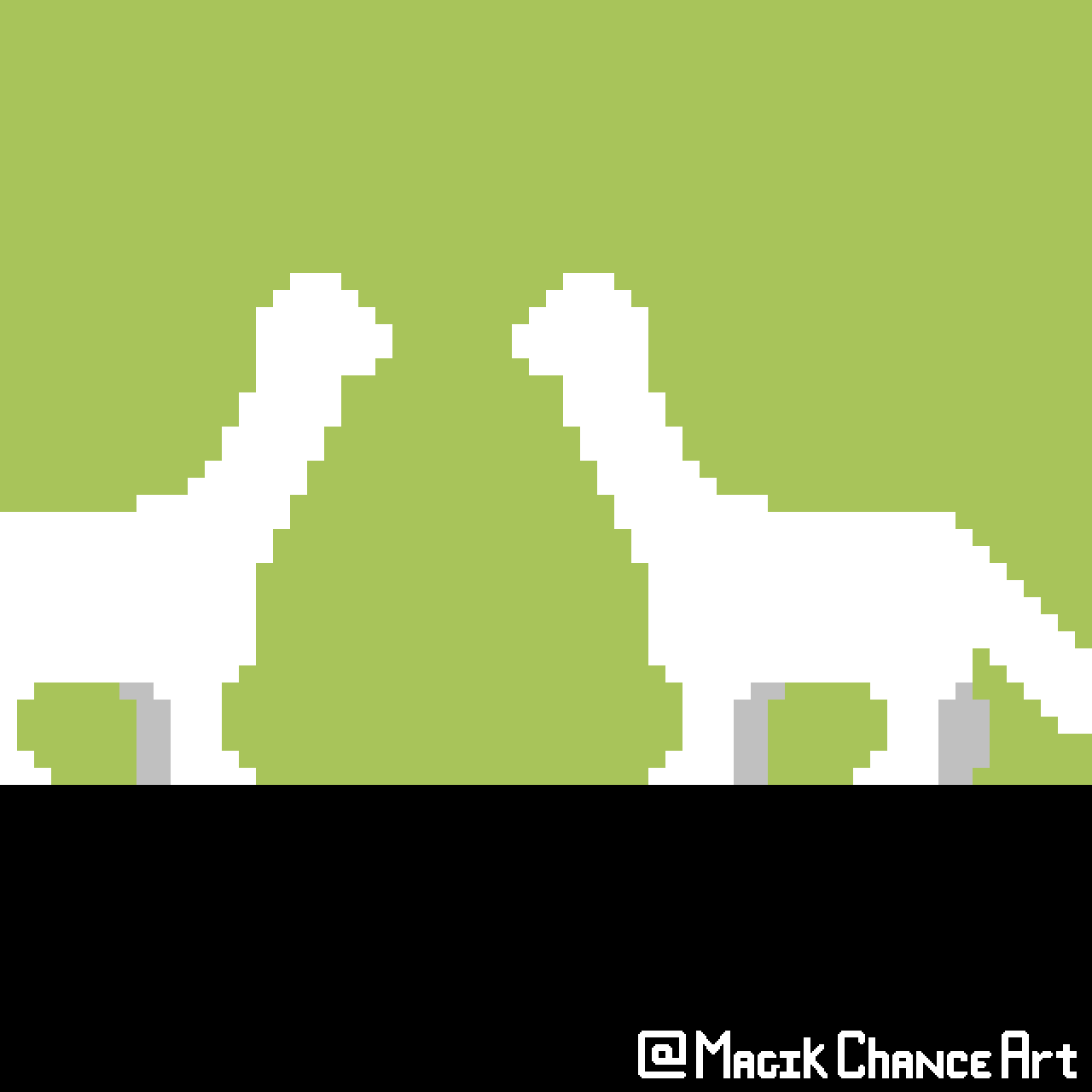 The black silhouette of a raptor-like dinosaur runs into the foreground and calls out. Another dino answers from the size and the raptor runs off in its direction. A black pteranodon silhouette flies over head. Two white silhouettes of large long-neck dino