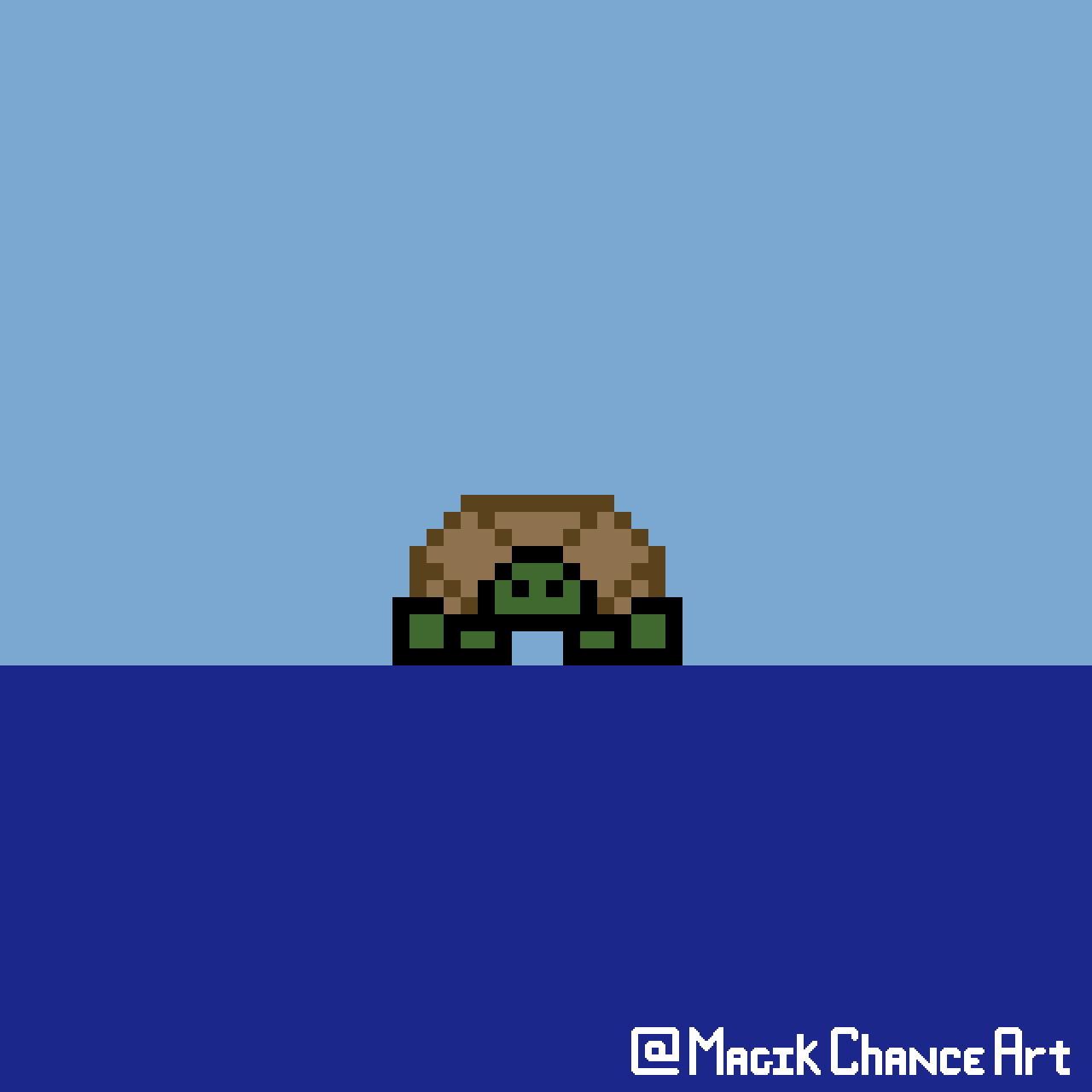 A turtle turns into a spinning top and whirls from one side of the screen to the other. Pixel art gif.