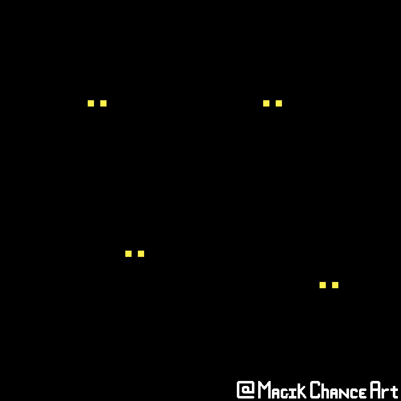 There are four sets of blinking gold eyes on a black background. A flashlight beam turns on, revealing four cats. Pixel art gif.
