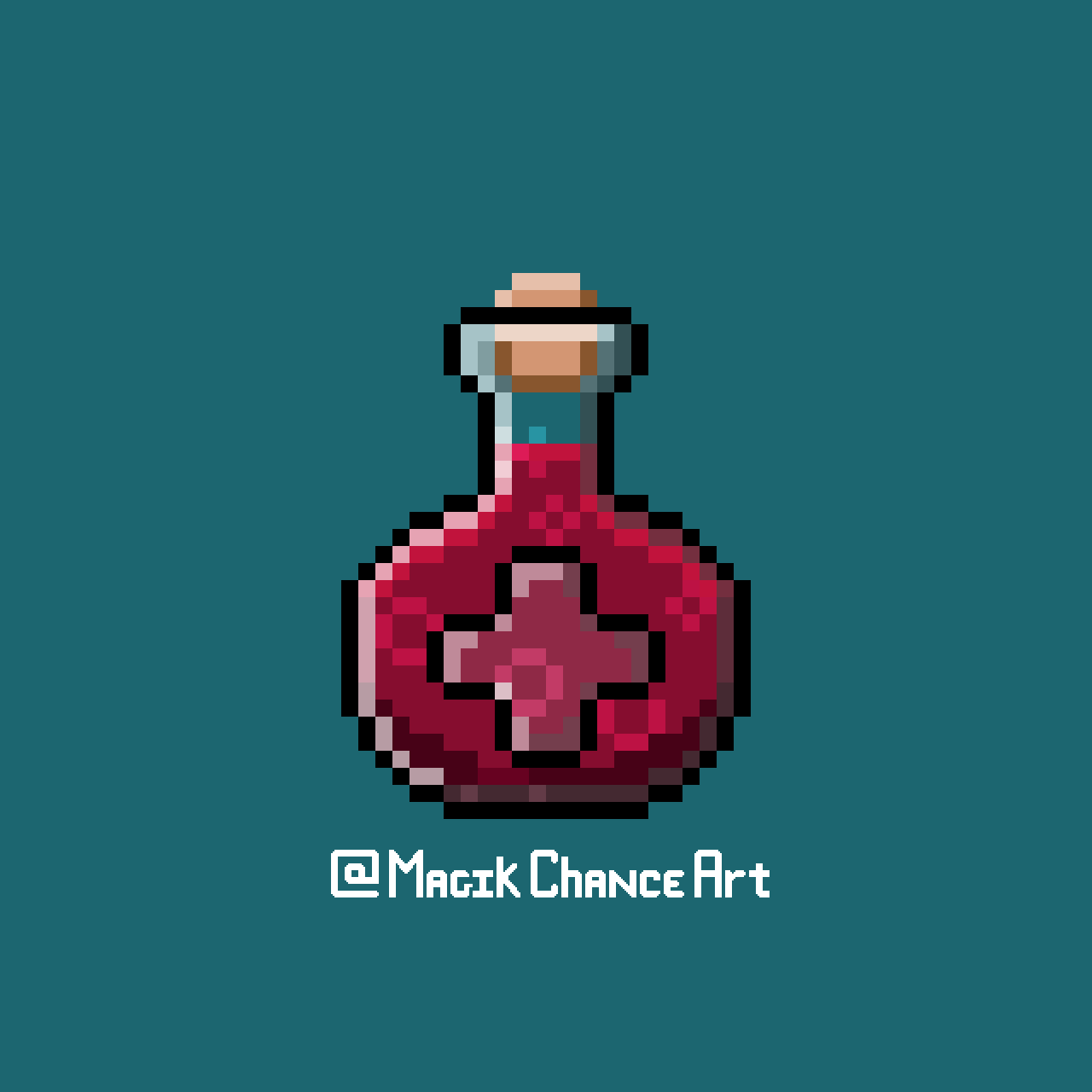 A red health potion with bubbles inside. A shine moves across the glass. Pixel art animation.