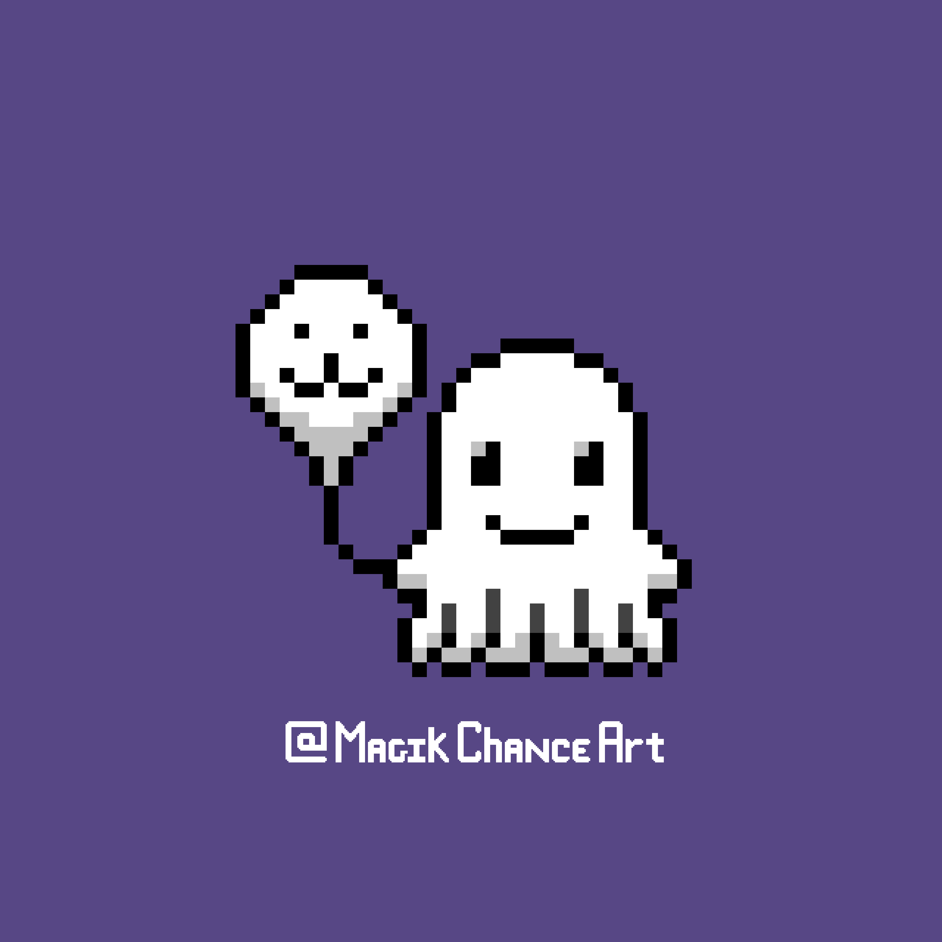 A white happy ghost floats while holding a happy white balloon. Pixel art animation.